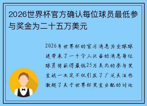 2026世界杯官方确认每位球员最低参与奖金为二十五万美元 2026世界杯官方确认每位球员最低参与奖金为二十五万美元